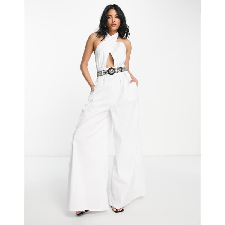 ASOS DESIGN cotton poplin halterneck jumpsuit with wide leg