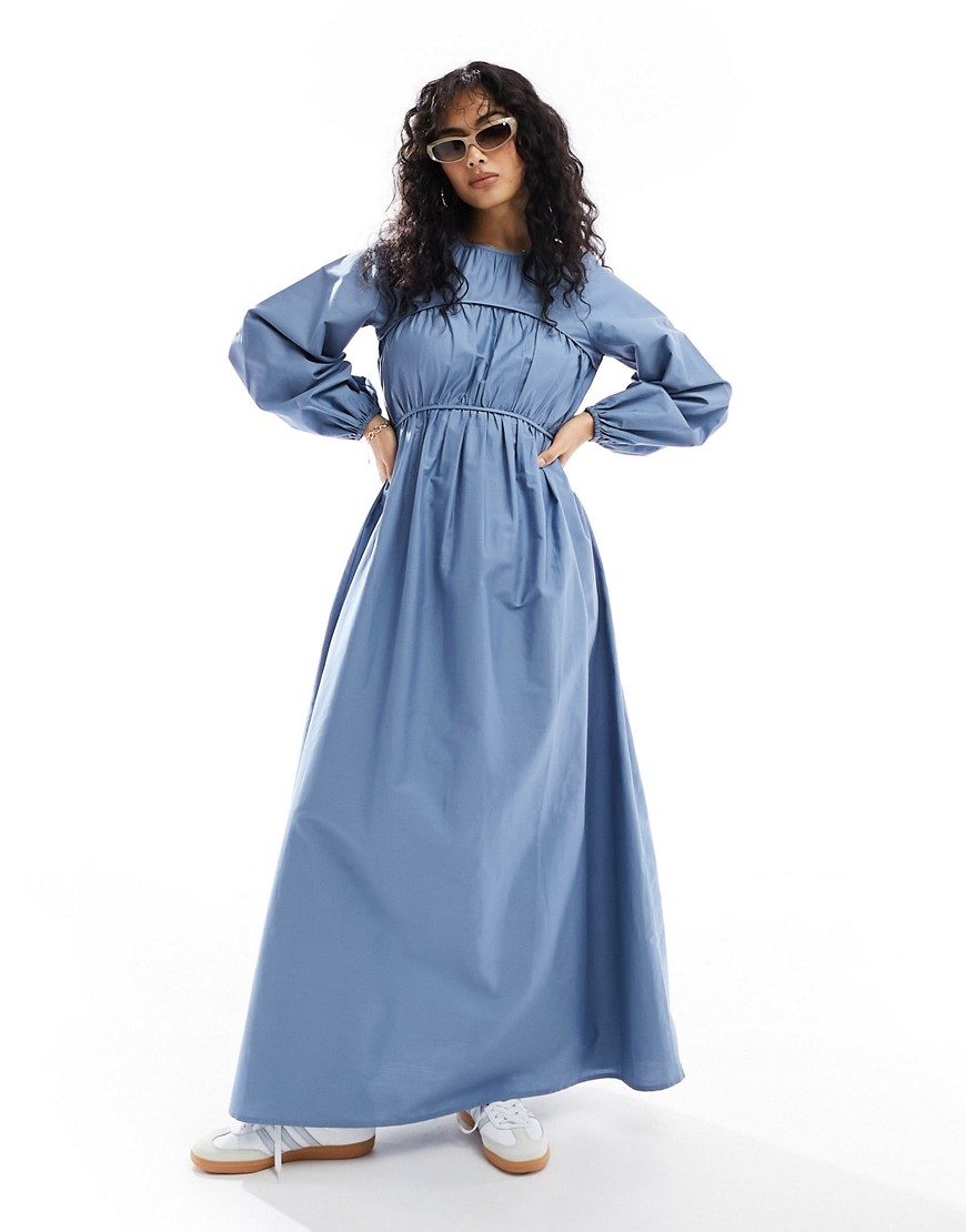 Asos Design Cotton Poplin Maxi Dress With Ruched Bust Detail In Blue