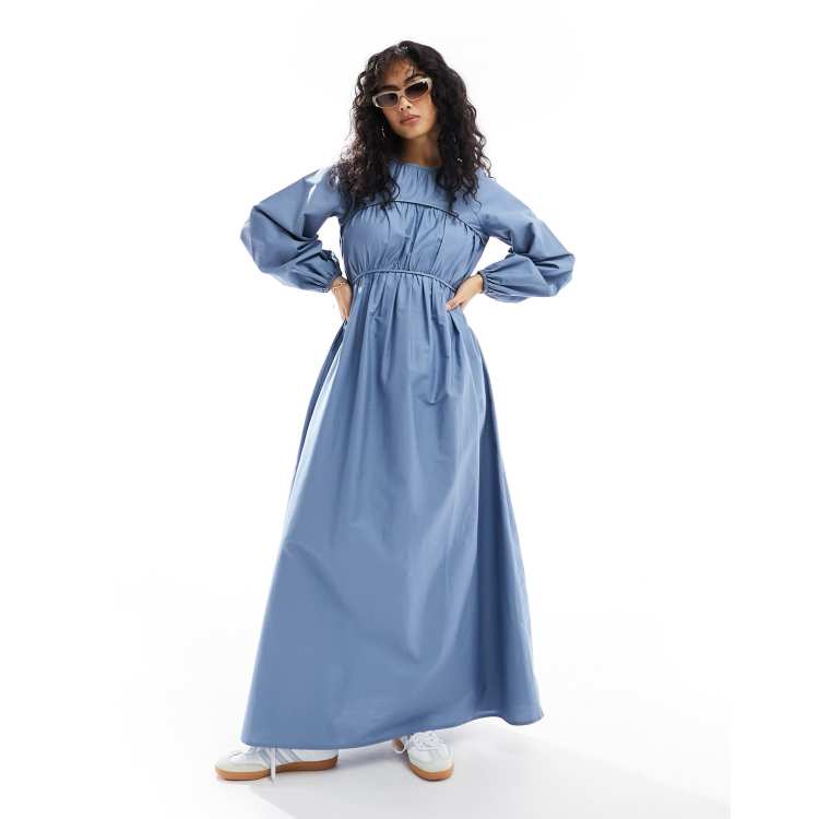 ASOS DESIGN cotton poplin maxi dress with ruched bust detail in blue