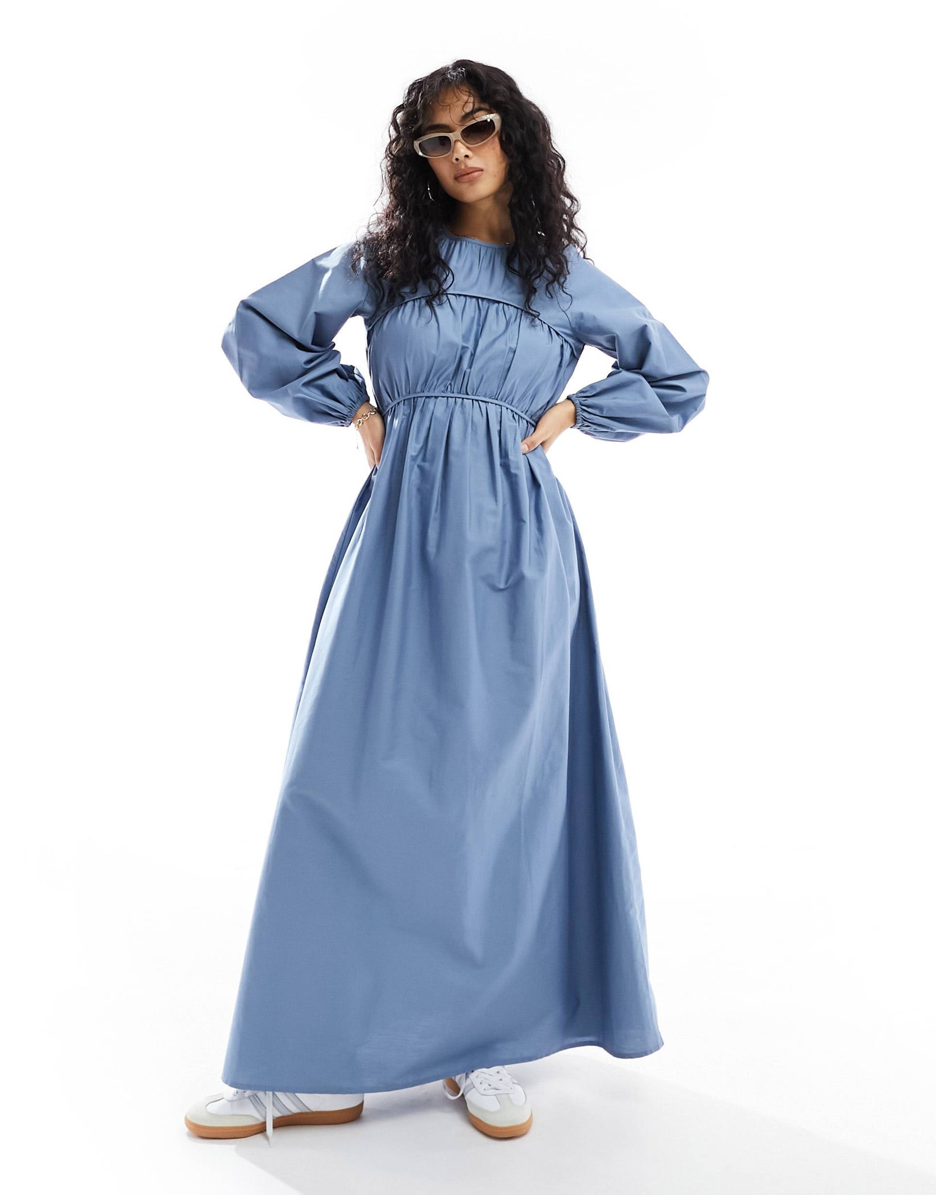 asos design cotton poplin maxi dress with ruched bust detail in blue