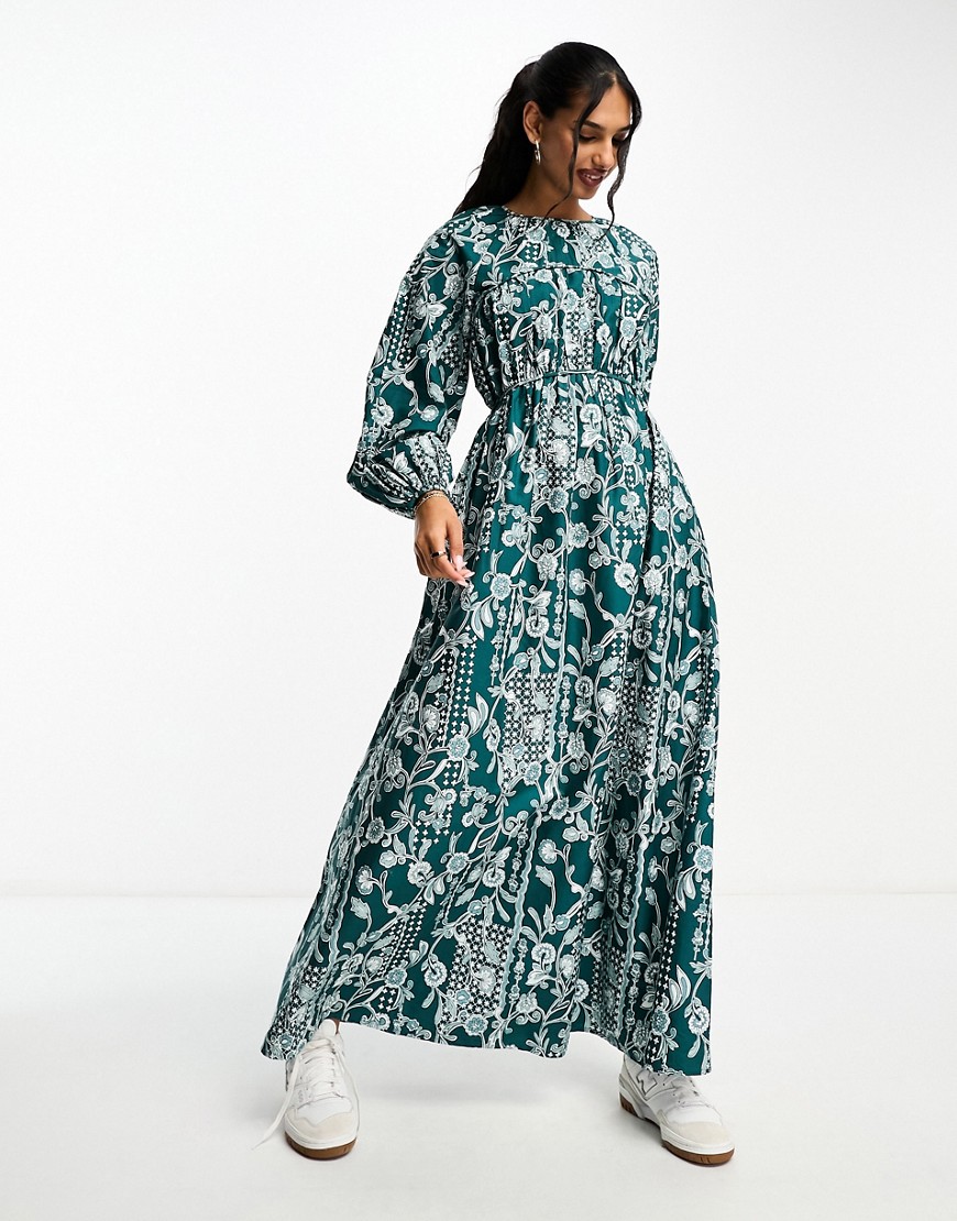 ASOS DESIGN cotton poplin maxi dress with ruched bust in green paisley print-Multi
