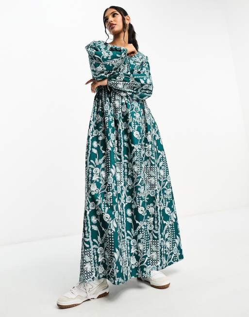 Cage Detail Paisley Woven Maxi Dress