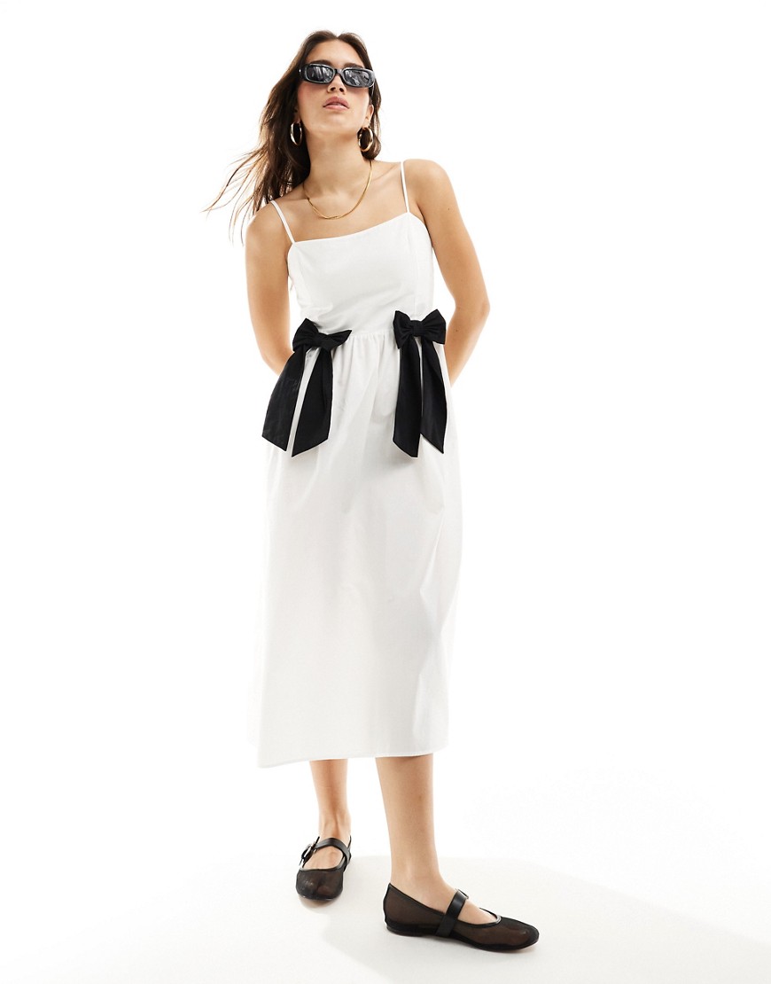 Asos Design Cotton Poplin Midi Dress In Contrast Bows In Ivory-white