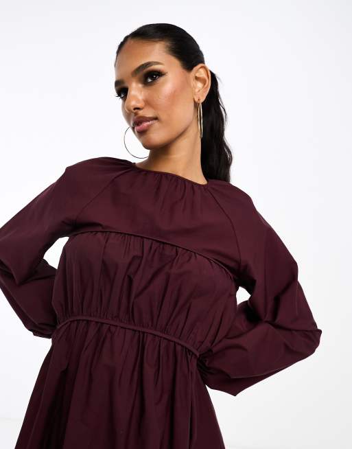 ASOS DESIGN cotton poplin mini dress with ruched bust detail in burgundy, 4 of 4