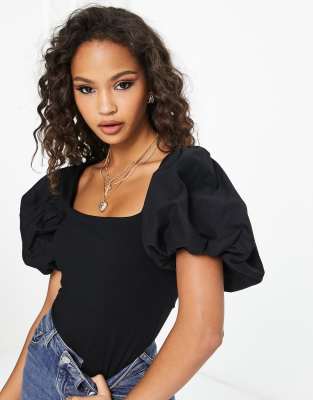 ASOS DESIGN cotton poplin mix puff sleeve bodysuit in black