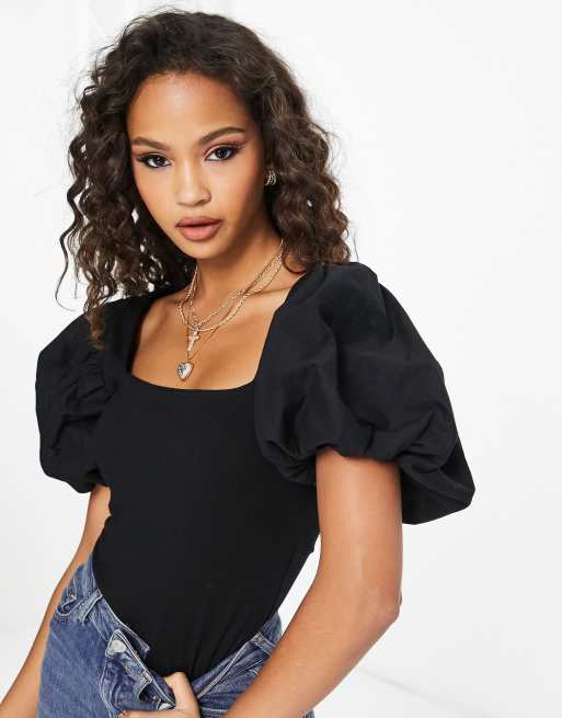 ASOS DESIGN cotton poplin mix puff sleeve bodysuit in black | ASOS