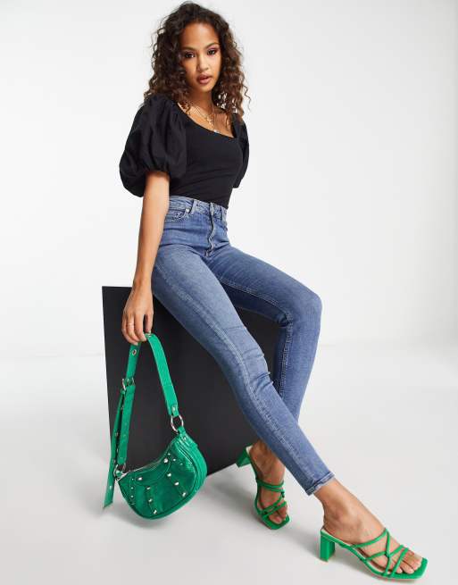 ASOS DESIGN cotton poplin mix puff sleeve bodysuit in black