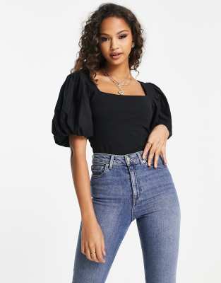 black puff sleeve bodysuit Hot Sale - OFF 68%