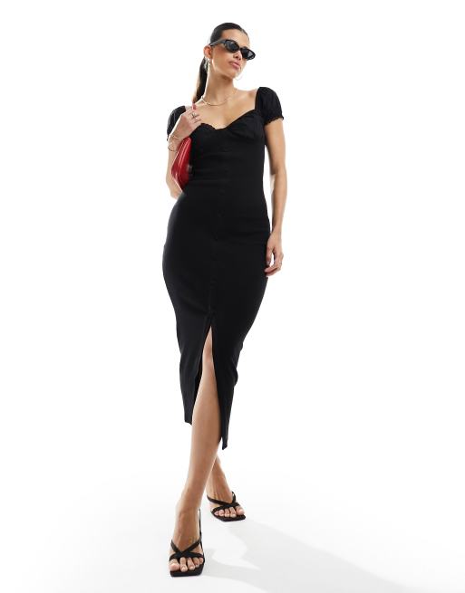 ASOS DESIGN cotton poplin mixed ruched bust midaxi dress with button front in black