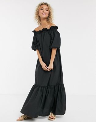 ASOS DESIGN cotton poplin off shoulder maxi dress with pephem in black