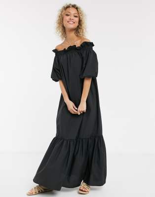 ASOS DESIGN cotton poplin off shoulder maxi dress with pephem in black