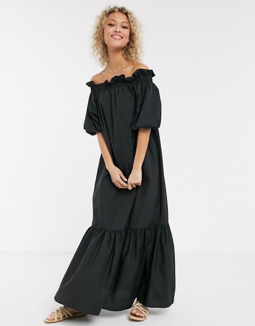 ASOS DESIGN cotton poplin off shoulder maxi dress with pephem in black