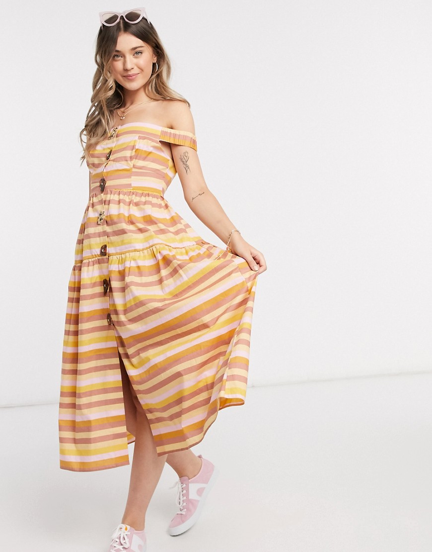 ASOS DESIGN cotton poplin off shoulder midi sundress with mixed buttons in stripe-Multi