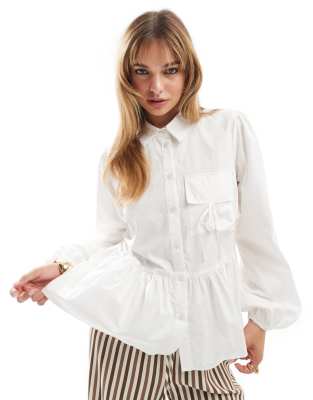 Asos Design Cotton Poplin Peplum Shirt With Tie Pocket In White