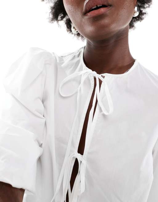 ASOS DESIGN cotton poplin peplum tie shirt in ivory, 2 of 4