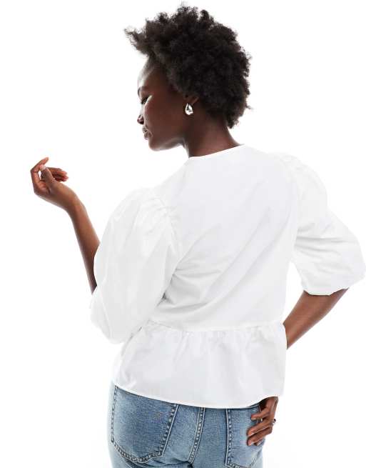 ASOS DESIGN cotton poplin peplum tie shirt in ivory, 3 of 4