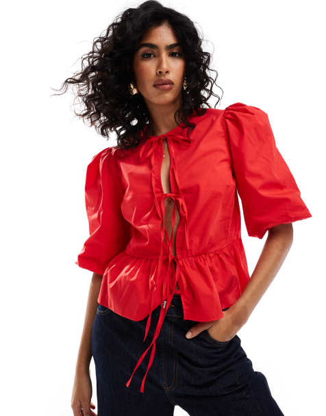 ASOS DESIGN cotton poplin peplum tie shirt in red - view 1