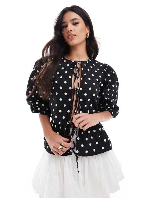 FhyzicsShops DESIGN cotton poplin peplum tie shirt top in black and white spot print