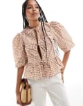 [ASOS DESIGN] ASOS DESIGN cotton poplin peplum tie shirt top in brown check-Multi M Brown Check