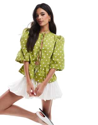 Asos Design Cotton Poplin Peplum Tie Shirt Top In Green & White Polka Dot Print-multi