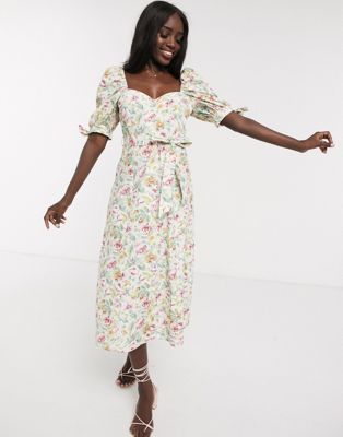 ASOS DESIGN cotton poplin puff sleeve midi skater dress in ditsy floral with diamante buttons