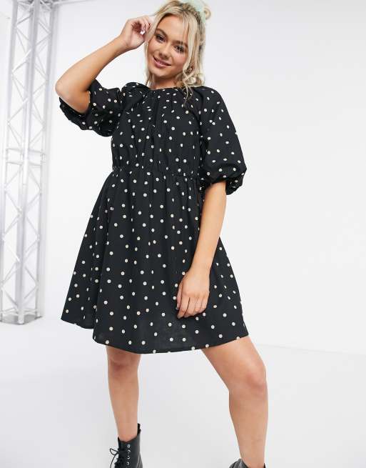 New Look puff sleeve poplin top in white polka dot, ASOS