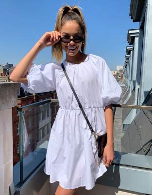 blue and white vertical striped dress