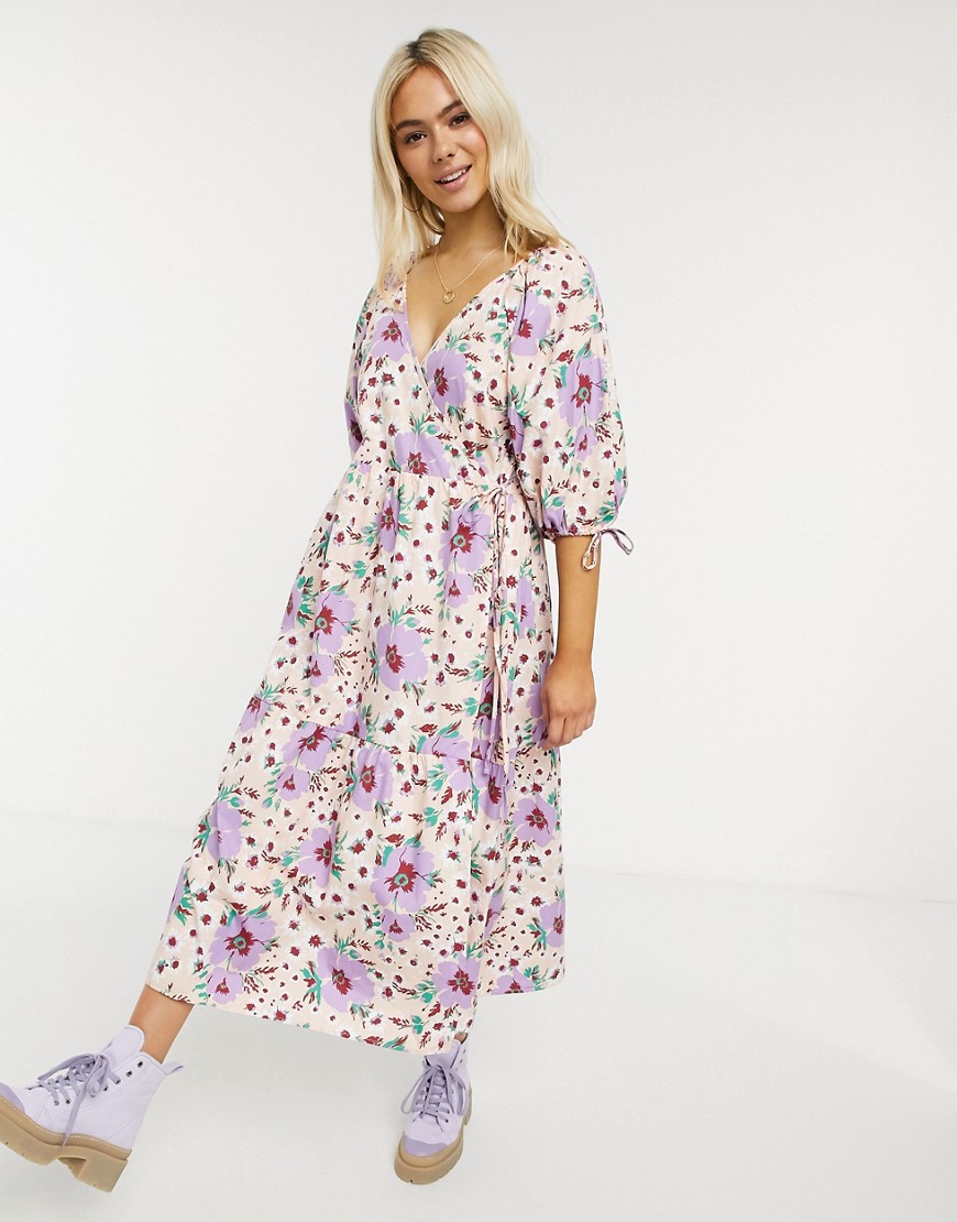 Asos Design Cotton Poplin Smock Wrap Midi Dress In Bright Floral Print-multi