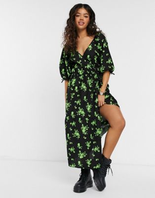 ASOS DESIGN cotton poplin smock wrap midi dress in green floral - ASOS Price Checker