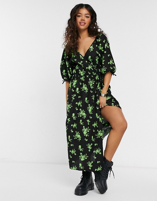 ASOS DESIGN cotton poplin smock wrap midi dress in green floral