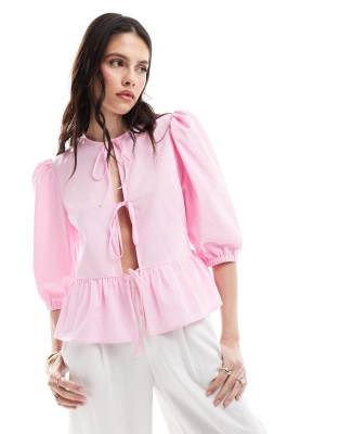 cotton poplin tie front peplum blouse in pastel pink