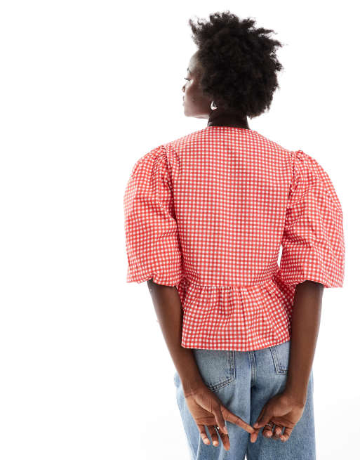 ASOS DESIGN cotton poplin tie front peplum blouse in red gingham, 4 of 4