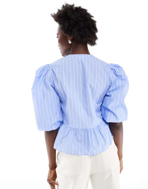 ASOS DESIGN cotton poplin tie front peplum blouse in stripe