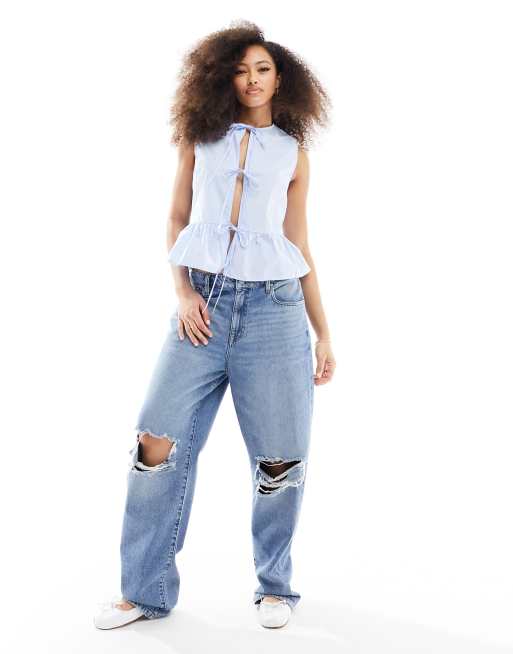 ASOS DESIGN cotton poplin tie front singlet in blue, 3 of 4