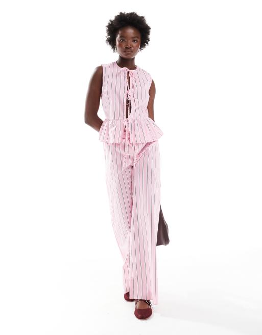 ASOS DESIGN cotton poplin tie front tank top in pink stripe