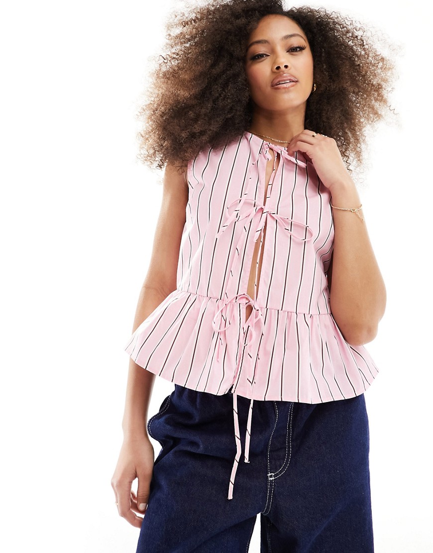 ASOS DESIGN cotton poplin tie front vest in pink stripe