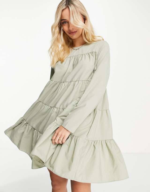 ASOS DESIGN cotton poplin tiered long sleeve mini smock dress in khaki