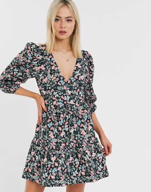 ASOS DESIGN cotton poplin tiered mini wrap dress in floral print