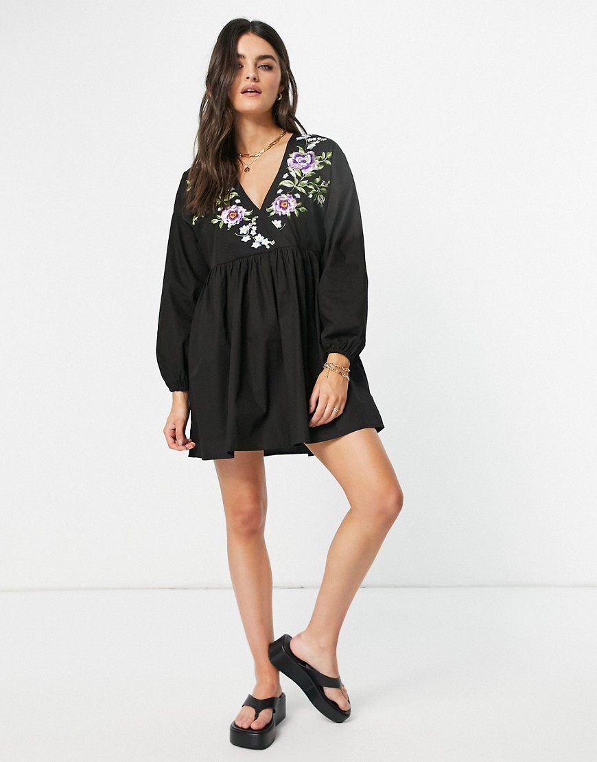 ASOS DESIGN cotton poplin wrap front mini dress with embroidery in black
