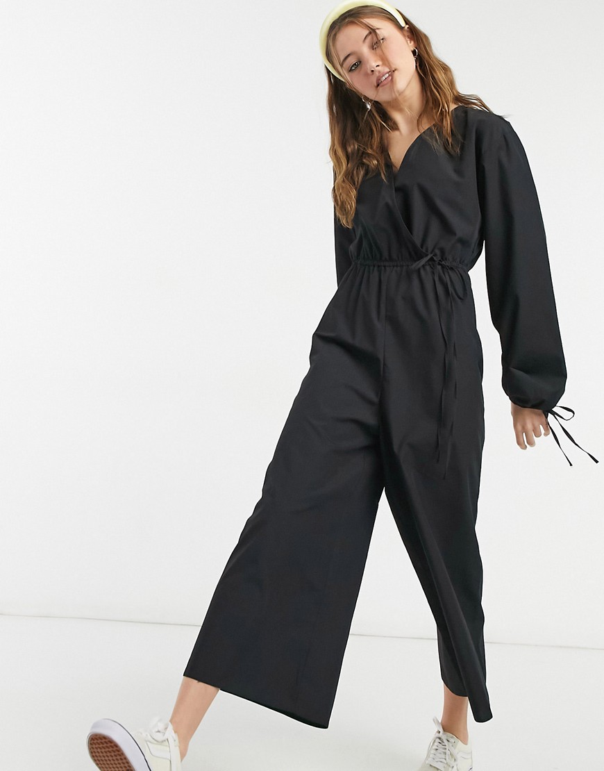 ASOS DESIGN cotton poplin wrap tie sleeve jumpsuit in black