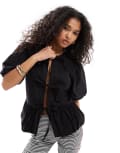 [ASOS DESIGN] ASOS DESIGN cotton puff sleeve peplum top in black 14 Black