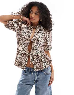 Asos Design Cotton Puff Sleeve Peplum Top In Leopard Print-multi