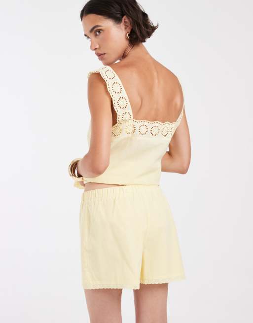 ASOS DESIGN cotton pull on co-ord lace trim shorts in buttermilk, 2 of 5