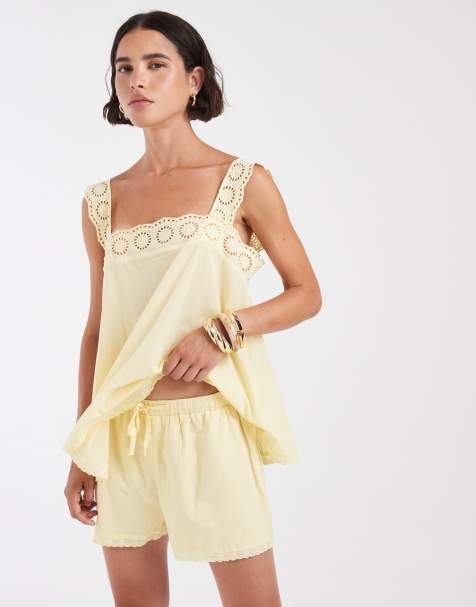ASOS DESIGN cotton pull on co-ord lace trim shorts in buttermilk - view 1