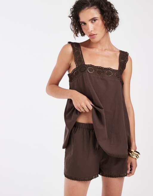 ASOS DESIGN cotton pull on co-ord lace trim shorts in chocolate brown, 2 of 5