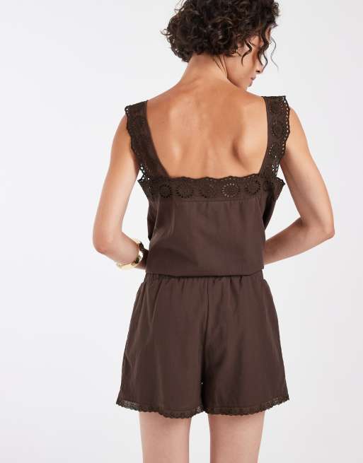 ASOS DESIGN cotton pull on co-ord lace trim shorts in chocolate brown, 3 of 5