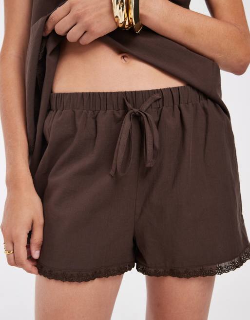 ASOS DESIGN cotton pull on co-ord lace trim shorts in chocolate brown, 5 of 5