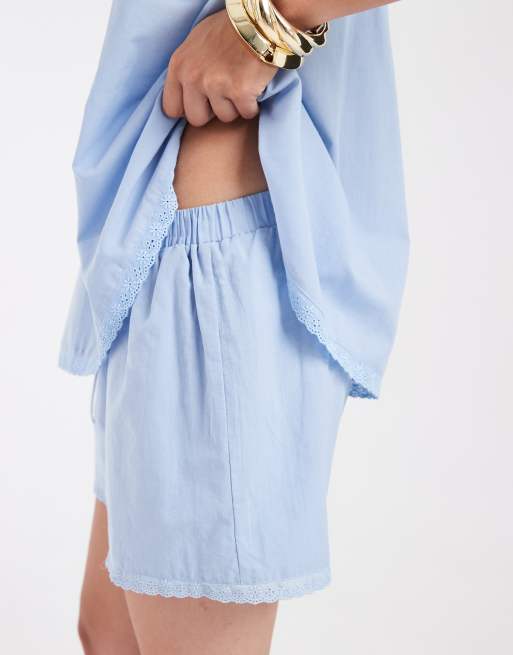 ASOS DESIGN cotton pull on co-ord lace trim shorts in pale blue, 5 of 5