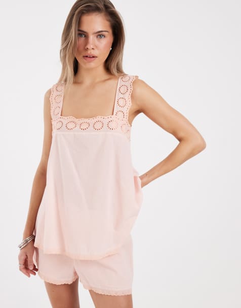 ASOS DESIGN cotton pull on lace trim shorts in pink - part of a set - part of a set - view 1