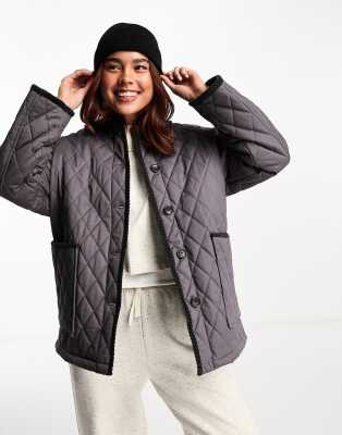 Asos Design Cotton Quilt Jacket With Cord Collar In Charcoal-gray